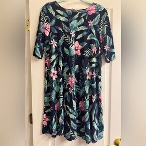 Old Navy Navy Blue Tropical Floral Elbow Sleeve Jersey Knit Swing Dress- size XL
